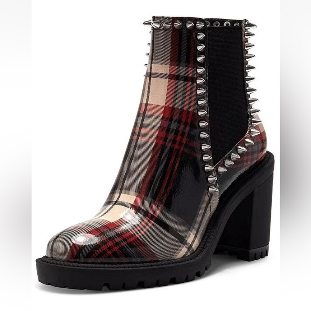 Jessica Simpson Boot Demmie Plaid Spikey Ankle Bootie Ankle Sz 8 Chunky Heel A60